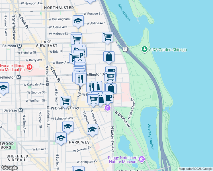 map of restaurants, bars, coffee shops, grocery stores, and more near 431 West Oakdale Avenue in Chicago
