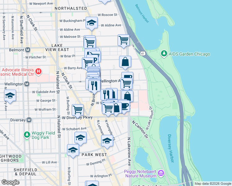 map of restaurants, bars, coffee shops, grocery stores, and more near 431 West Oakdale Avenue in Chicago