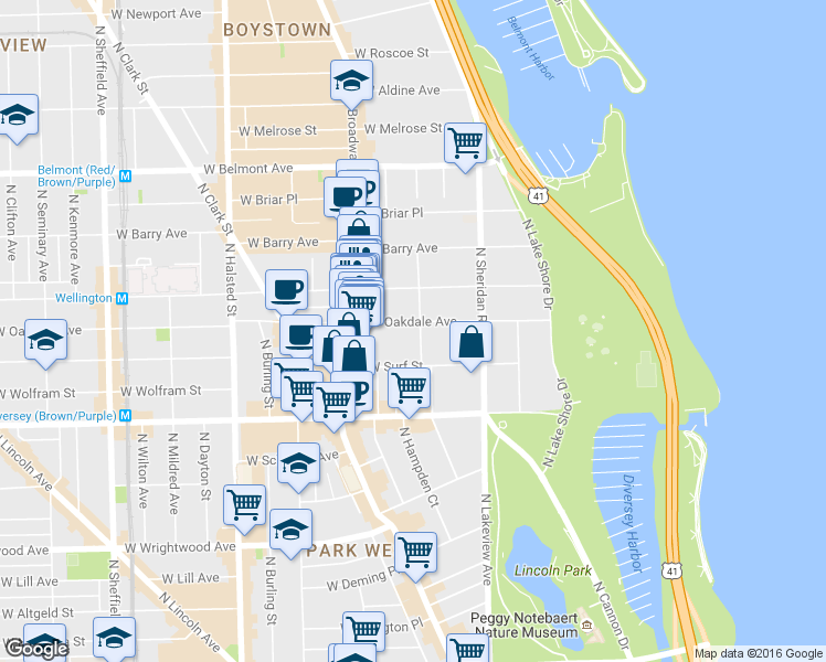map of restaurants, bars, coffee shops, grocery stores, and more near 501 West Oakdale Avenue in Chicago
