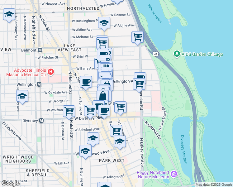 map of restaurants, bars, coffee shops, grocery stores, and more near 525 West Oakdale Avenue in Chicago