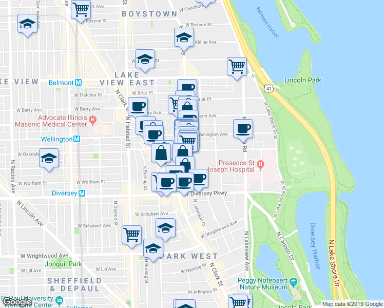 map of restaurants, bars, coffee shops, grocery stores, and more near 2941 North Broadway in Chicago