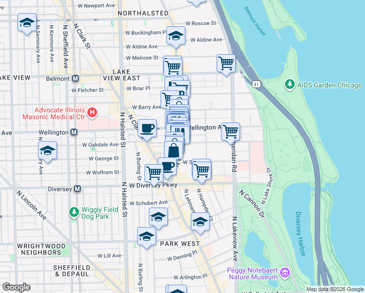 map of restaurants, bars, coffee shops, grocery stores, and more near 3527 1/2 North Broadway in Chicago