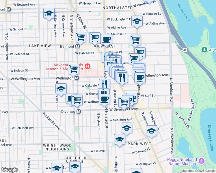 map of restaurants, bars, coffee shops, grocery stores, and more near 813 West Oakdale Avenue in Chicago