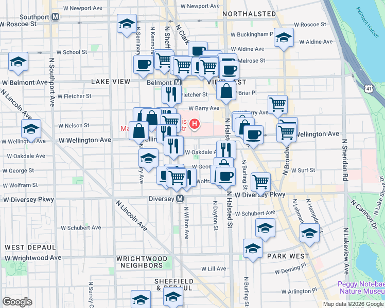 map of restaurants, bars, coffee shops, grocery stores, and more near 928c West Oakdale Avenue in Chicago