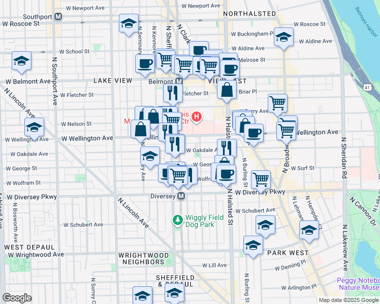 map of restaurants, bars, coffee shops, grocery stores, and more near 928c West Oakdale Avenue in Chicago