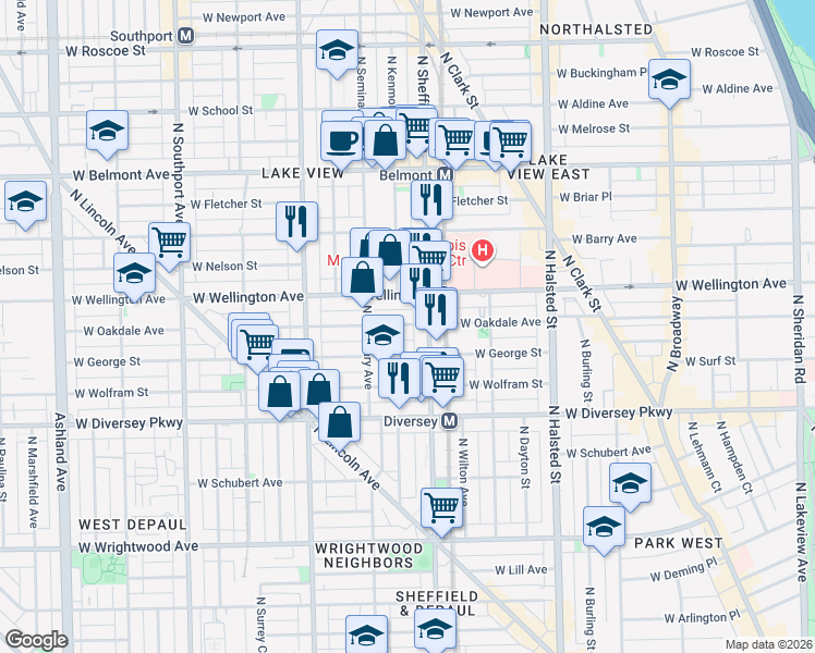 map of restaurants, bars, coffee shops, grocery stores, and more near 1040 West Oakdale Avenue in Chicago
