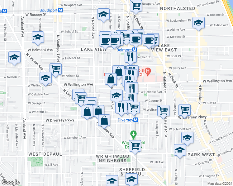 map of restaurants, bars, coffee shops, grocery stores, and more near 1040 West Oakdale Avenue in Chicago