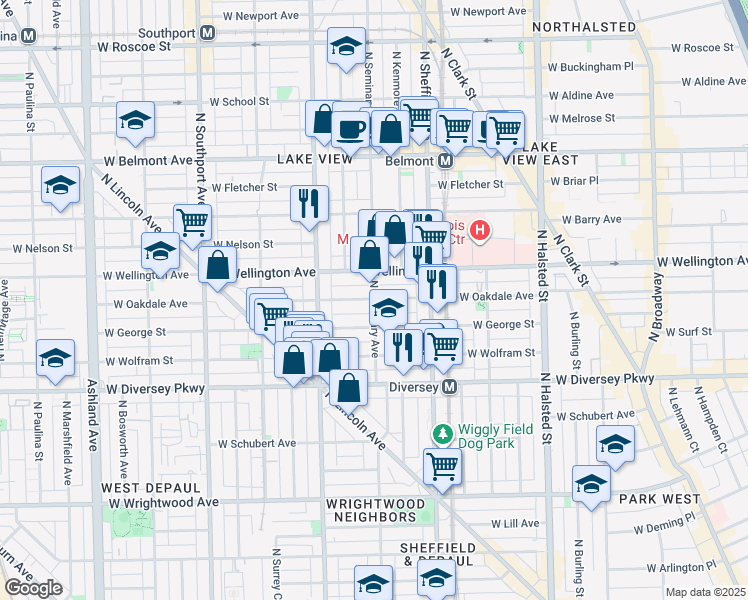map of restaurants, bars, coffee shops, grocery stores, and more near 1110 West Oakdale Avenue in Chicago