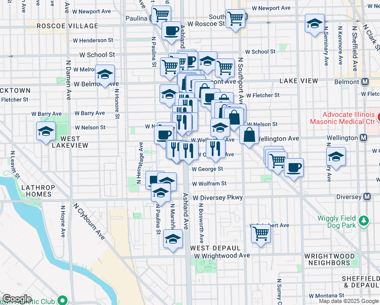 map of restaurants, bars, coffee shops, grocery stores, and more near 1534 West Oakdale Avenue in Chicago