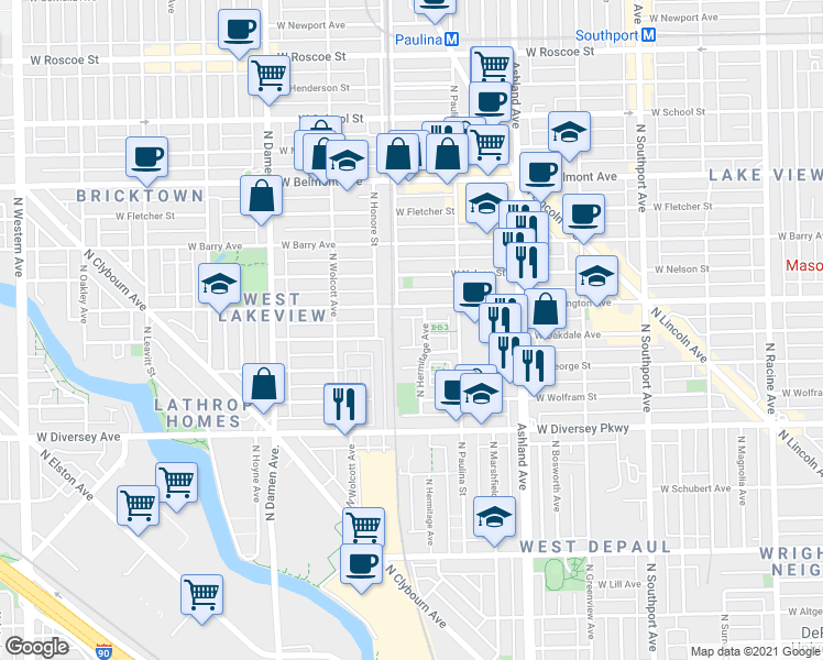 map of restaurants, bars, coffee shops, grocery stores, and more near 2946 North Wood Street in Chicago