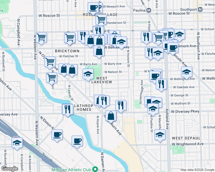 map of restaurants, bars, coffee shops, grocery stores, and more near 2945 North Damen Avenue in Chicago