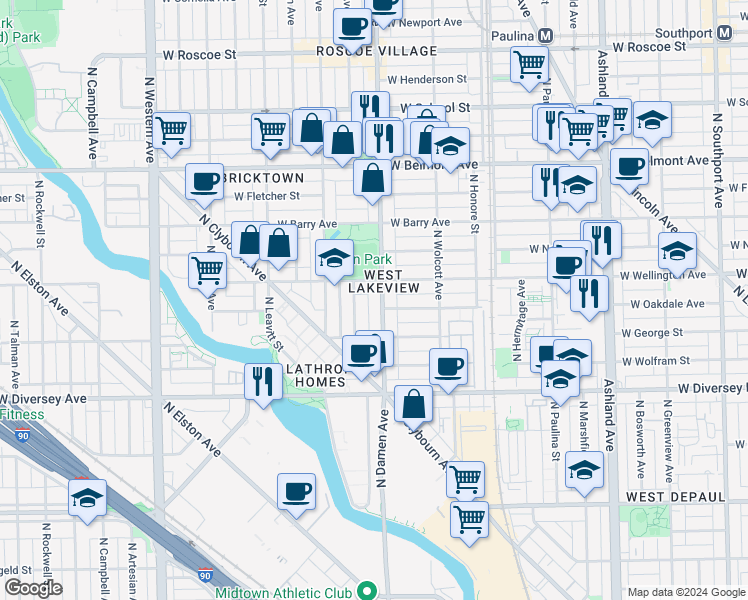 map of restaurants, bars, coffee shops, grocery stores, and more near 2945 North Damen Avenue in Chicago