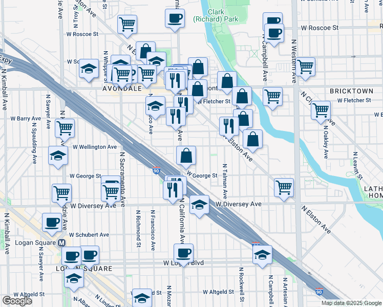 map of restaurants, bars, coffee shops, grocery stores, and more near 2959 North California Avenue in Chicago