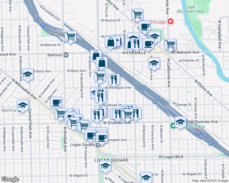 map of restaurants, bars, coffee shops, grocery stores, and more near 2959 North Albany Avenue in Chicago