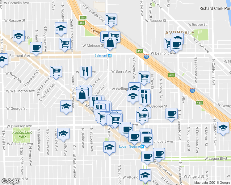 map of restaurants, bars, coffee shops, grocery stores, and more near 2954 North Dawson Avenue in Chicago