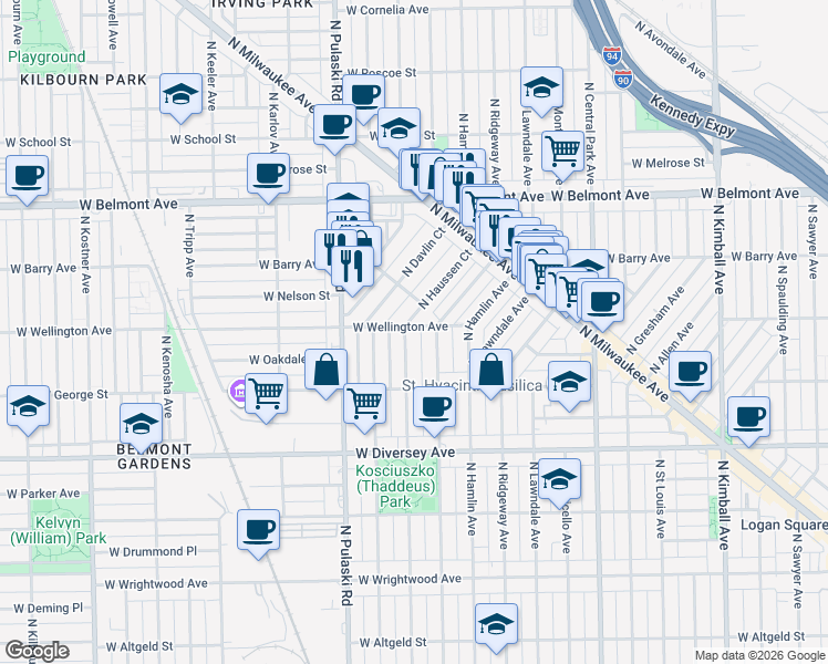 map of restaurants, bars, coffee shops, grocery stores, and more near 3900 West Wellington Avenue in Chicago