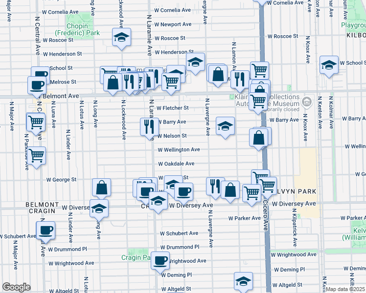 map of restaurants, bars, coffee shops, grocery stores, and more near 5108 West Wellington Avenue in Chicago