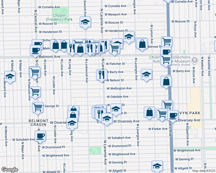 map of restaurants, bars, coffee shops, grocery stores, and more near 5149 West Nelson Street in Chicago