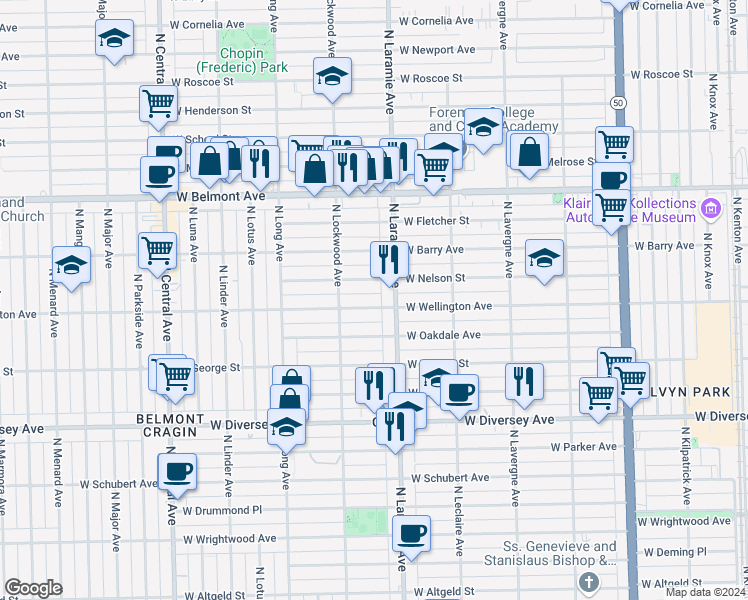 map of restaurants, bars, coffee shops, grocery stores, and more near 5221 West Nelson Street in Chicago