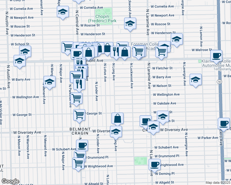 map of restaurants, bars, coffee shops, grocery stores, and more near 3016 North Long Avenue in Chicago