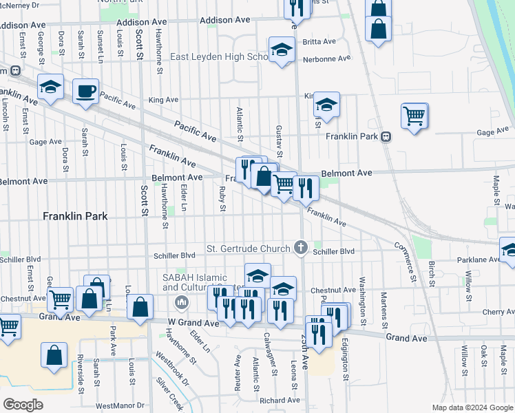 map of restaurants, bars, coffee shops, grocery stores, and more near 3115 Atlantic Street in Franklin Park