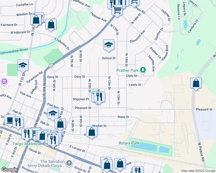 map of restaurants, bars, coffee shops, grocery stores, and more near 809 North 12th Street in DeKalb