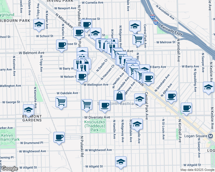 map of restaurants, bars, coffee shops, grocery stores, and more near 3011 North Avers Avenue in Chicago