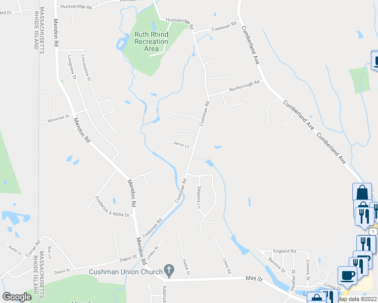 map of restaurants, bars, coffee shops, grocery stores, and more near 224 Cushman Road in North Attleborough