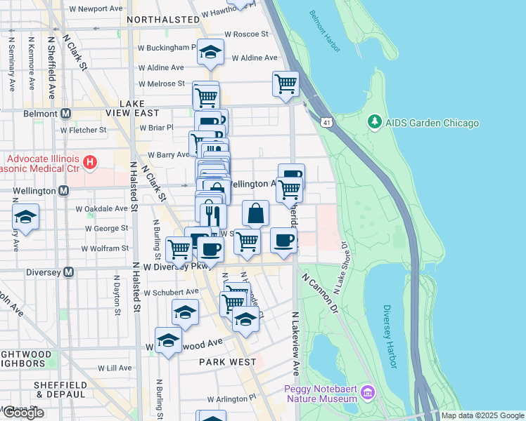 map of restaurants, bars, coffee shops, grocery stores, and more near 447 West Oakdale Avenue in Chicago