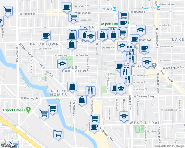 map of restaurants, bars, coffee shops, grocery stores, and more near 1836 W Oakdale Ave in Chicago