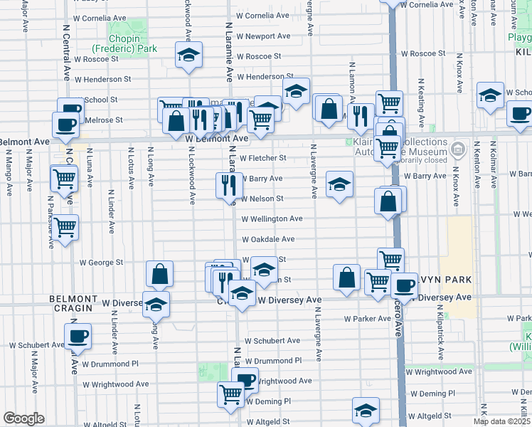 map of restaurants, bars, coffee shops, grocery stores, and more near 5108 West Wellington Avenue in Chicago