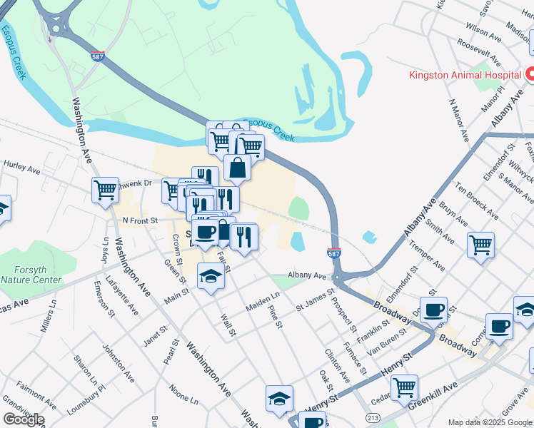 map of restaurants, bars, coffee shops, grocery stores, and more near 73 Westbrook Lane in Kingston
