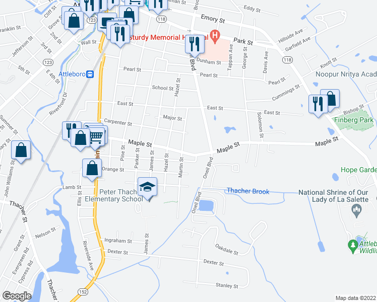 map of restaurants, bars, coffee shops, grocery stores, and more near 96 Maple Street in Attleboro