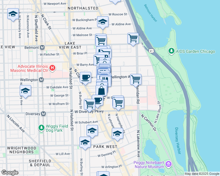 map of restaurants, bars, coffee shops, grocery stores, and more near 541 West Oakdale Avenue in Chicago
