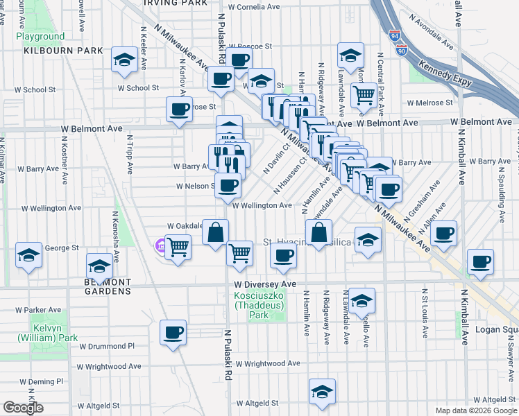 map of restaurants, bars, coffee shops, grocery stores, and more near 3900 West Wellington Avenue in Chicago