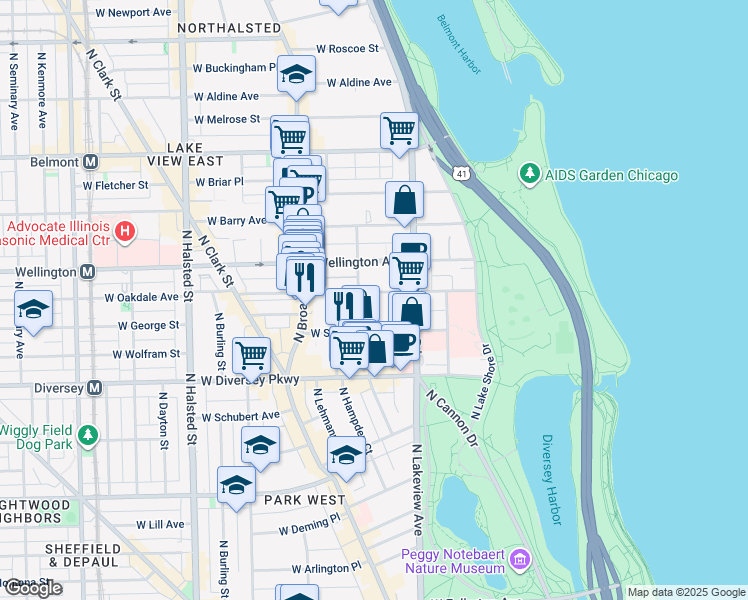 map of restaurants, bars, coffee shops, grocery stores, and more near 441 West Oakdale Avenue in Chicago