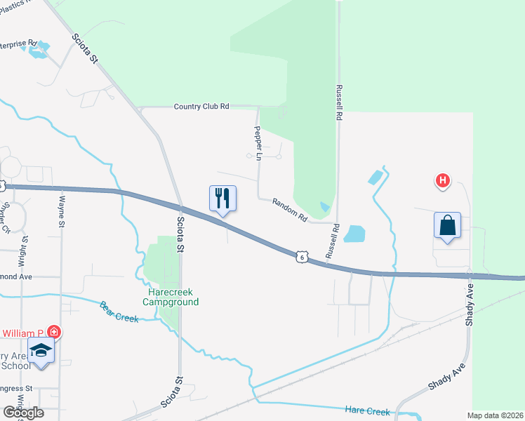 map of restaurants, bars, coffee shops, grocery stores, and more near 132 Random Rd in Corry