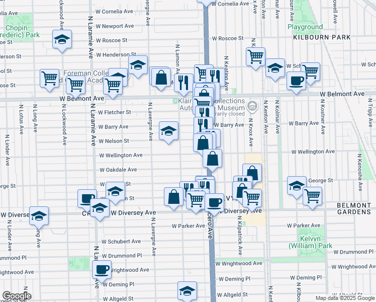 map of restaurants, bars, coffee shops, grocery stores, and more near 4842 West Wellington Avenue in Chicago