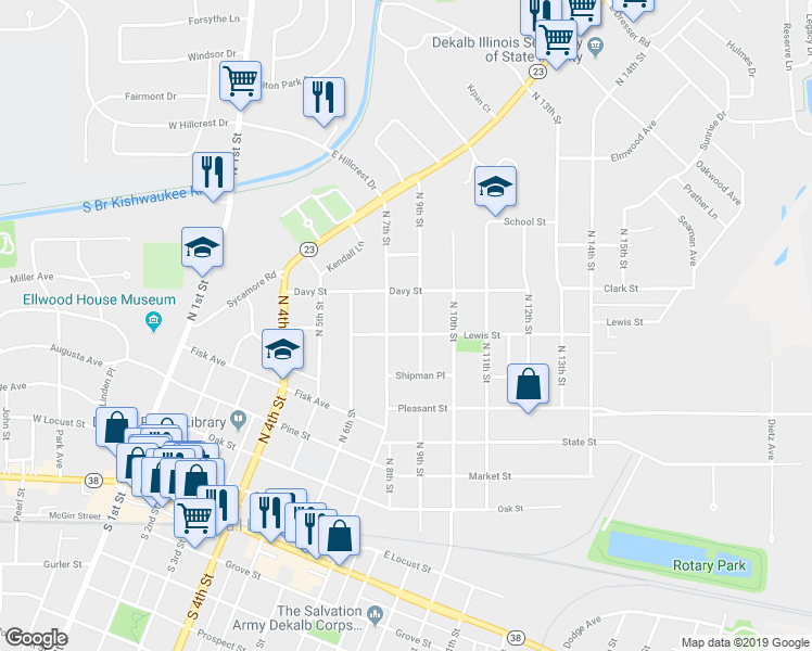 map of restaurants, bars, coffee shops, grocery stores, and more near 817 Lewis Street in DeKalb