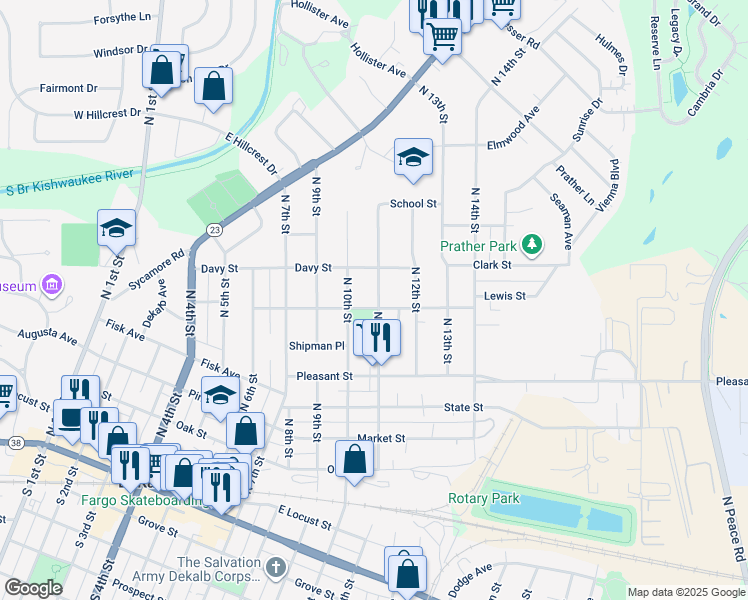 map of restaurants, bars, coffee shops, grocery stores, and more near 1029 Lewis Street in DeKalb