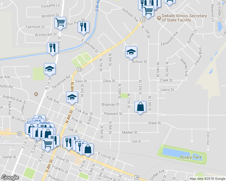 map of restaurants, bars, coffee shops, grocery stores, and more near 909 Lewis Street in DeKalb