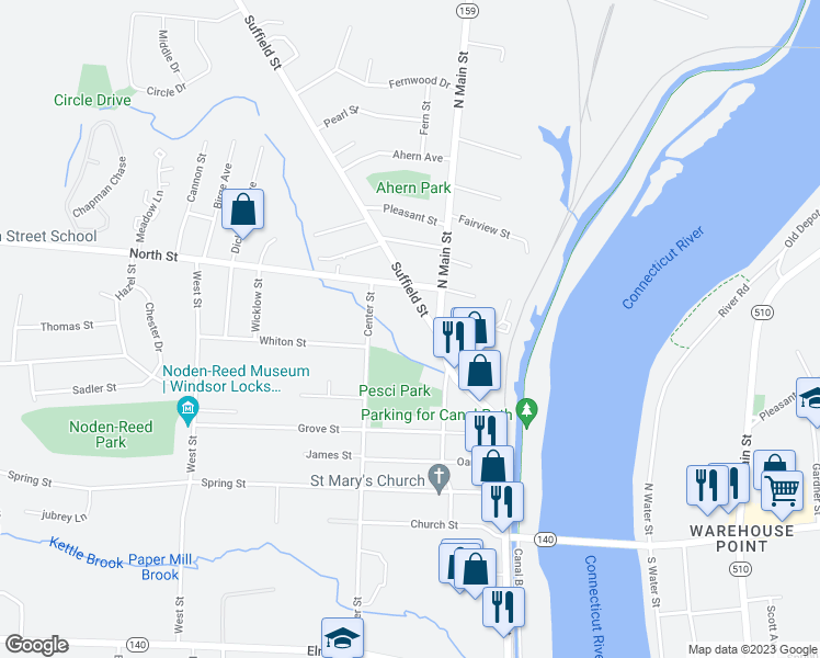map of restaurants, bars, coffee shops, grocery stores, and more near 9 Suffield Street in Windsor Locks