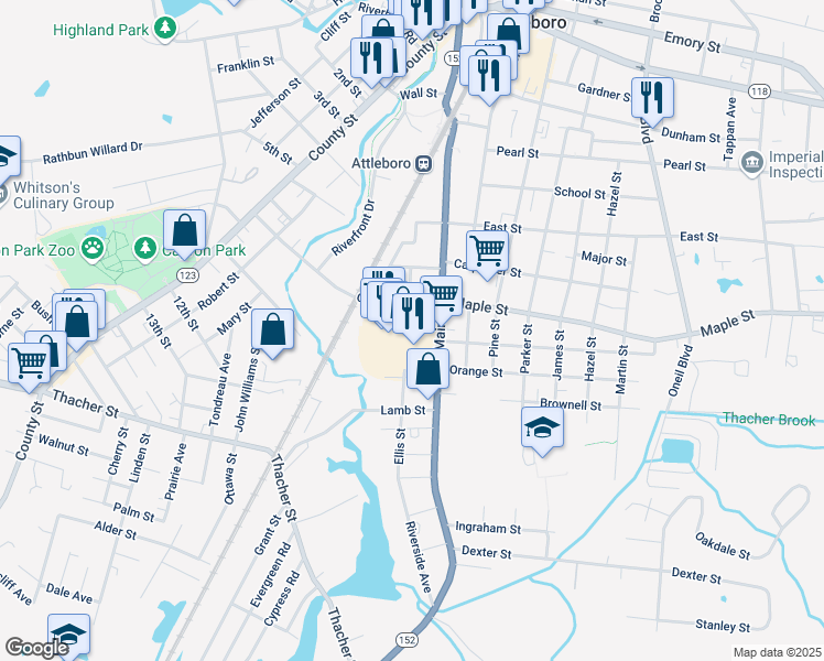 map of restaurants, bars, coffee shops, grocery stores, and more near 217 South Main Street in Attleboro