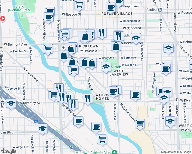 map of restaurants, bars, coffee shops, grocery stores, and more near in Chicago