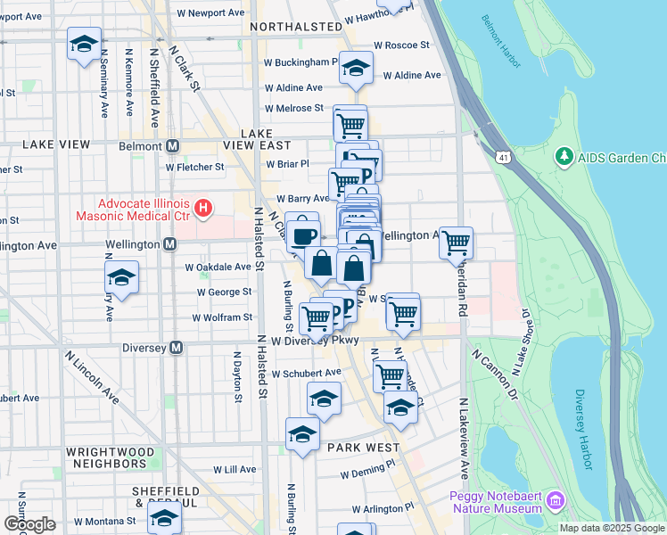 map of restaurants, bars, coffee shops, grocery stores, and more near 635 West Oakdale Avenue in Chicago