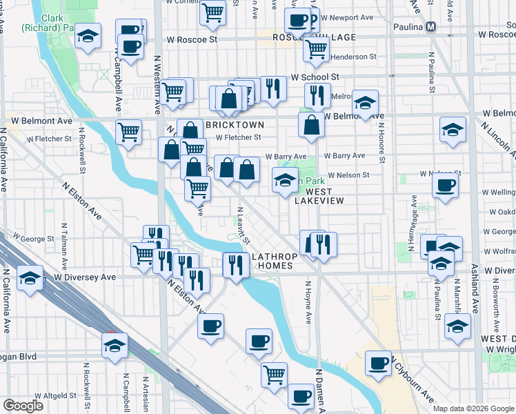 map of restaurants, bars, coffee shops, grocery stores, and more near 2976 North Clybourn Avenue in Chicago