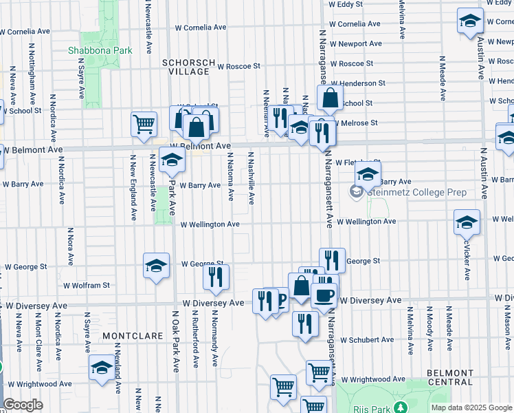 map of restaurants, bars, coffee shops, grocery stores, and more near 3029 North Nashville Avenue in Chicago