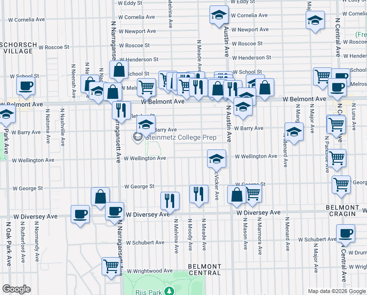 map of restaurants, bars, coffee shops, grocery stores, and more near 6137 West Nelson Street in Chicago