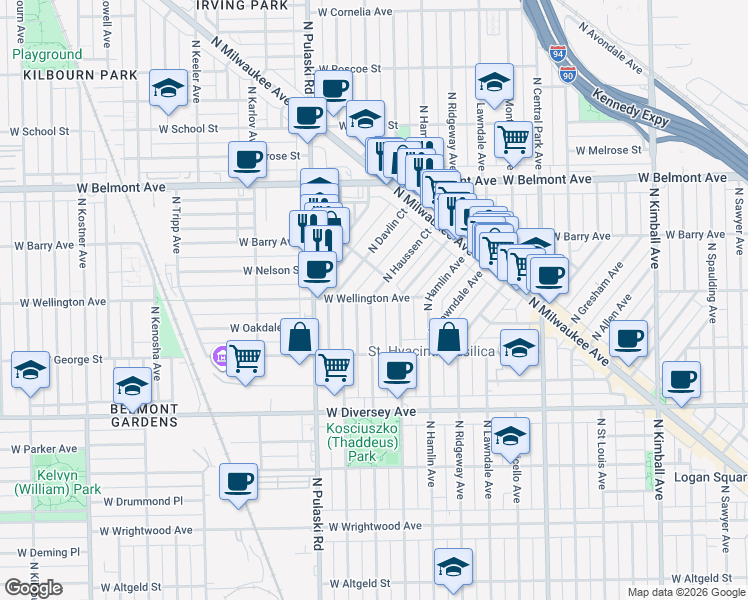 map of restaurants, bars, coffee shops, grocery stores, and more near 3900 West Wellington Avenue in Chicago