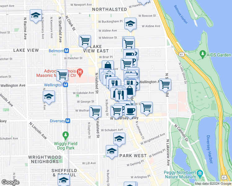map of restaurants, bars, coffee shops, grocery stores, and more near 669 W Oakdale Ave in Chicago